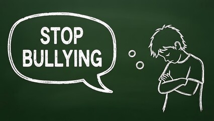 Chalkboard drawing depicts a distressed child and a stop bullying message