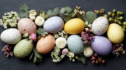 Colorful eggs arranged with flowers for spring celebrations and Easter events