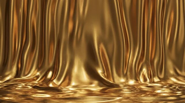 Abstract motion graphic of a seamless liquid golden texture moving like a dynamic rippling wave or silken curtain flowing vertically success, investment, golden
