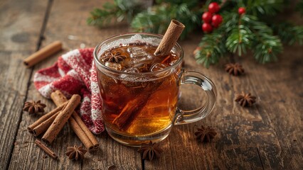 Hot beverage with cinnamon sticks and star anise, festive season. Christmas and holiday drinks. Warm drink concept. The concept of seasonal beverages.