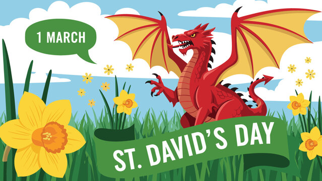 St Davids Day vector banner with Welsh Red Dragon standing in a field of spring daffodils and grass.
