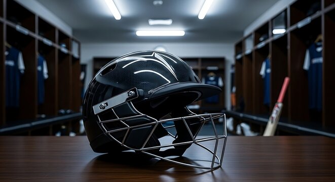 Cricket helmet on a table in a locker room