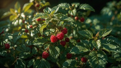 Obraz premium Raspberries growing among green leaves in a garden setting.