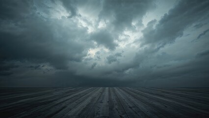 Dark storm sky over an empty wooden dock, with ominous clouds and a moody atmosphere. Nature and weather scene. The concept of stormy weather and atmospheric change.