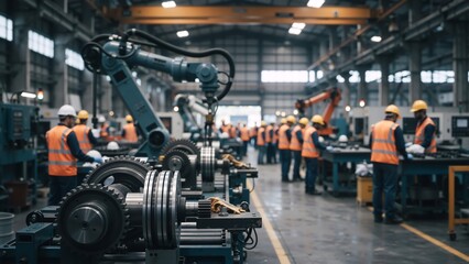 Fototapeta premium Industrial manufacturing facility with robotic arms and workers. Automated production line in a modern factory. Industry 4.0 and smart manufacturing concept