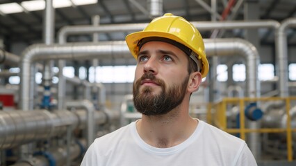 Male industrial worker in yellow hard hat looking up in a factory. Professional engineer inspecting pipes in a power plant. Maintenance and safety concept in manufacturing facility