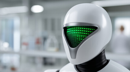Futuristic robotic helmet with glowing green neural display, artificial intelligence, sterile laboratory setting, defocused background, with copy space