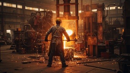 Steelworker pouring molten metal in a foundry. Industrial factory scene with glowing liquid iron and flying sparks. Heavy industry manufacturing and metallurgy concept