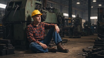 Male industrial worker in yellow hard hat sitting on factory floor. Professional mechanic taking a break next to heavy machinery in a workshop. Blue collar labor and manufacturing concept