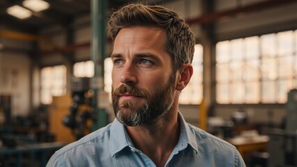 Portrait of a bearded man in an industrial workshop. Professional male engineer or factory manager looking away. Leadership and expertise in manufacturing concept