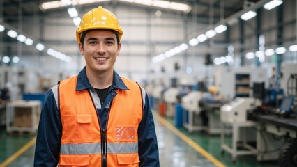 Portrait of a smiling male factory worker wearing a yellow hard hat and orange safety vest. Professional engineer in a modern industrial manufacturing plant. Workplace safety concept