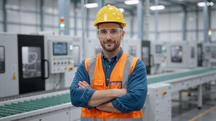 Portrait of a confident male industrial worker in a modern factory. Man wearing a yellow hard hat and orange safety vest in a manufacturing plant. Professional engineer standing with arms crossed
