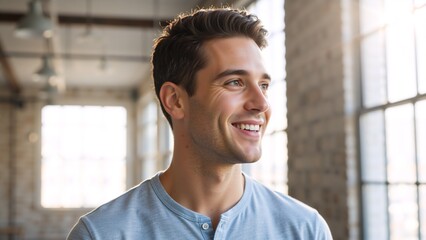 Smiling young man looking away in a modern office. Confident male professional in a light blue henley shirt. Success and optimism concept