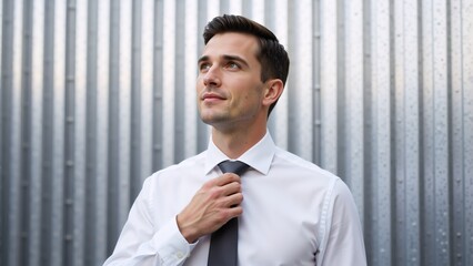 Confident young man in white shirt and tie adjusting his collar. Professional male looking up against industrial metal background. Career growth and corporate success concept