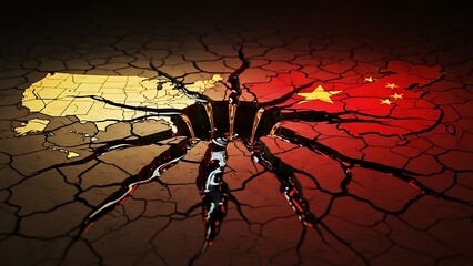US and China flags on cracked earth with oil pouring from the rift