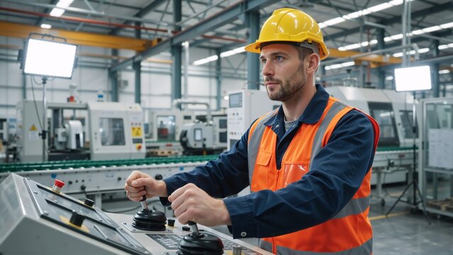 Male factory worker operating a control panel. Industrial operator in safety helmet and high-visibility vest using joysticks in a manufacturing plant. Modern manufacturing concept - Powered by Adobe