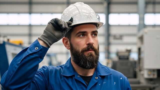 Bearded industrial worker in blue uniform and white hard hat. Professional male technician adjusting safety gear in a factory. Manufacturing and engineering concept