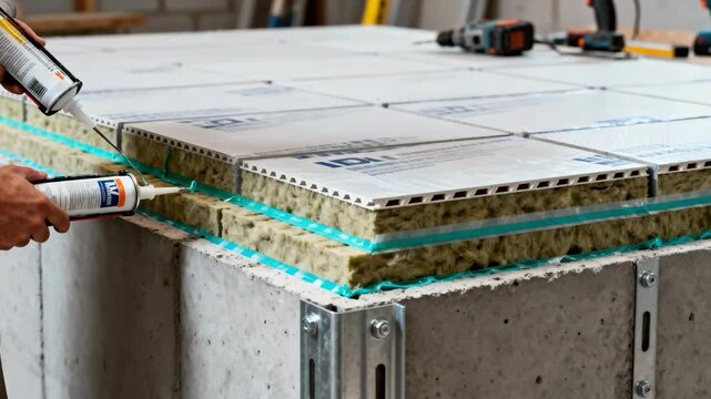 Medium shot capturing the layering process of insulated concrete forms with focus on the airtight seal and energy savings during construction.