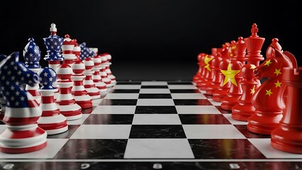 Obraz premium USA vs China chess pieces symbolizing geopolitical rivalry and international relations