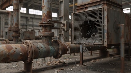 Rusty pipes and decaying machinery in an abandoned factory. Derelict industrial equipment in a forgotten warehouse. Post-apocalyptic urban exploration background