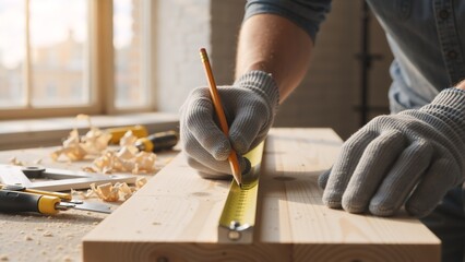 Carpenter's hands in gloves measuring a wooden plank with a tape measure. Close-up of a craftsman marking wood with a pencil in a workshop. DIY home improvement and woodworking project