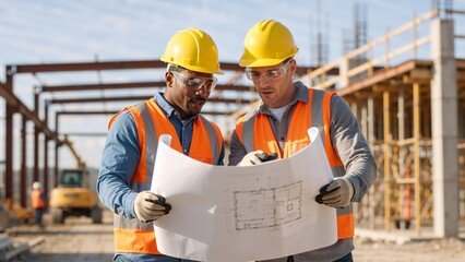 Diverse engineer and builder discussing a blueprint on a construction site. Two male workers in hard hats planning a project. Teamwork and collaboration in the building industry