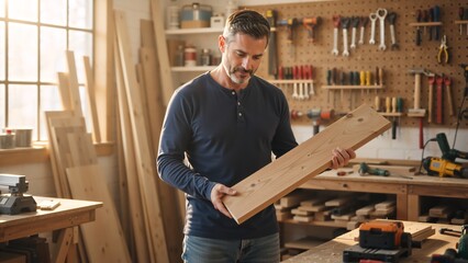 A skilled carpenter inspecting a wooden plank in his sunlit workshop. A focused craftsman working on a DIY project. Manual labor and hobby concept