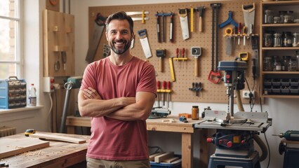 Confident male carpenter smiling in his well-equipped workshop. Portrait of a professional craftsman and small business owner looking at the camera.