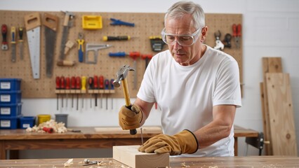 A senior man wearing safety glasses hammers a nail into a piece of wood. An older carpenter works on a DIY project in his workshop