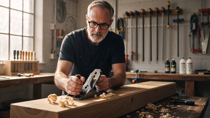 Middle aged carpenter using a hand plane on a wooden beam in a workshop. Professional craftsman working with manual tools. Woodworking hobby and traditional craft concept