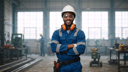 Smiling Black male industrial worker in a factory. Professional engineer wearing safety gear and hard hat in a manufacturing plant. Confident technician with arms crossed in a workshop
