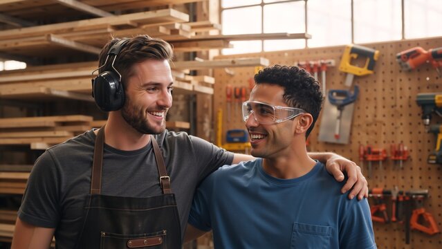 Two smiling craftsmen working together in a carpentry workshop. Diverse colleagues in safety gear showing teamwork and collaboration. Small business partnership - Powered by Adobe