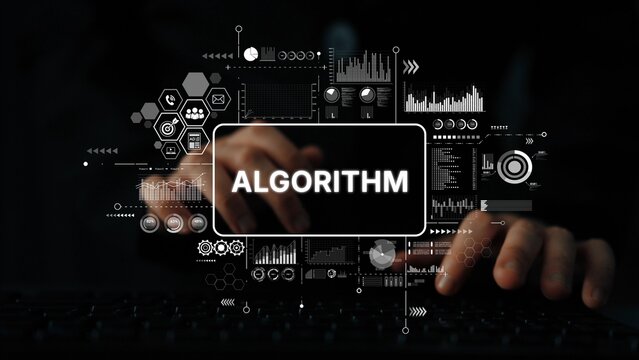 Hands Typing on Keyboard with Algorithm Text and Data Visualizations in Dark Background for Technology and Digital Concept. Asymptotic smart data analytic. - Powered by Adobe