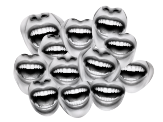Voices Unsilenced: A Monochrome Collage of Overlapping Mouths in Laughter, Shout, and Smile