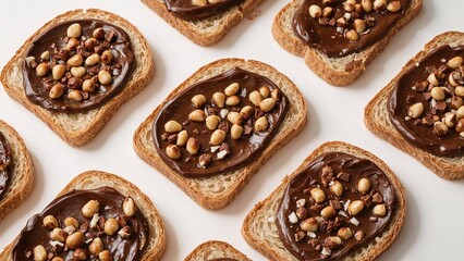 Slices of bread with chocolate spread topped with chopped nuts arranged in a pattern. Delicious snack or dessert idea. Perfect for sharing and enjoying.