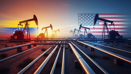 Plakat Oil pumps and pipelines symbolize US and Venezuelan energy relations at sunset
