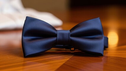 Navy blue satin bow tie on a polished wooden surface. Elegant men's formal accessory for special occasions. Classic style