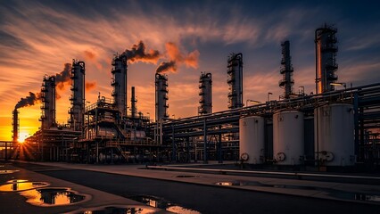 Industrial refinery complex with smokestacks emitting smoke against a dramatic sunset sky