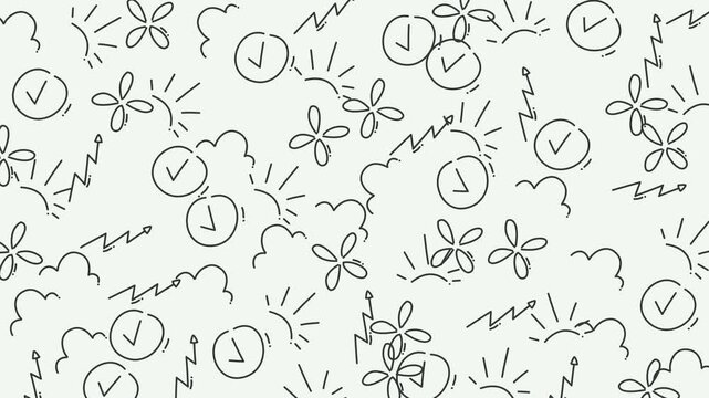 Abstract pattern of clocks, suns, clouds, and flowers, suitable for timerelated projects, decor, backgrounds, and creative designs. Ideal for calendars and time management visuals.