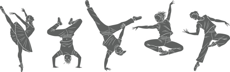 Set of five silhouettes of dancers performing various styles including ballet and breakdance moves © firoz