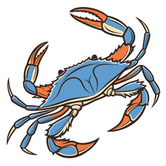 Realistic blue crab vector illustration in a natural side view pose with detailed claws and shell texture. Perfect for seafood packaging, restaurant branding, educational materials, and marine-themed 