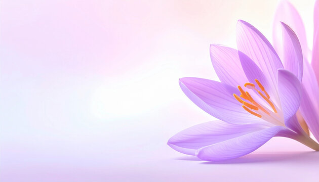 Close-up of Colchicum ancyrensis flower on a soft pastel background with copy space. Elegant crocus flower botanical image for wellness, spa, beauty, herbal medicine, and minimal floral designs.
