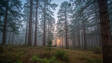 Obraz premium A tranquil forest scene at sunrise with tall pine trees and a misty atmosphere.