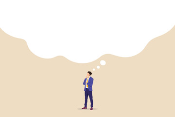 Obraz premium Businessman thinking with thought bubble copy space, editable text infographic for business planning, ambition to success, dream big, creative idea strategic, vector illustration clipart