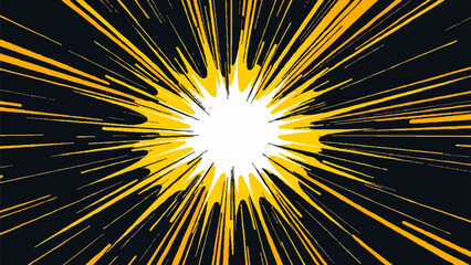 Abstract A dynamic burst of energy explodes outwards, featuring rays emanating from a focal point, symbolizing power and speed in an illustrative style.