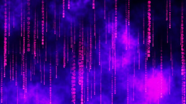 Animation of pink computer code rain on purple background