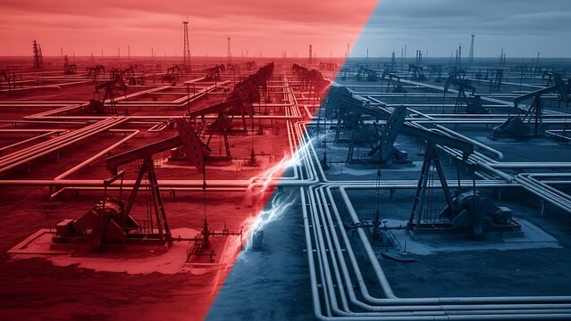 Oil pumpjacks in a field divided by red and blue lighting with lightning effect