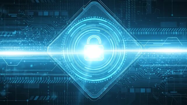 Digital security interface with lock icon and glowing data lines