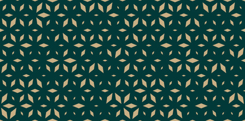 Trendy vector seamless pattern with diamond shapes, floral silhouettes. Luxury golden background with halftone effect, scattered shapes, grid. Simple gold and green texture. Repeated elegant design