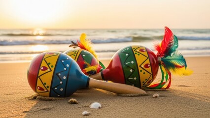 Colorful maracas on a sandy beach at sunset. Tropical summer vacation and festive music concept